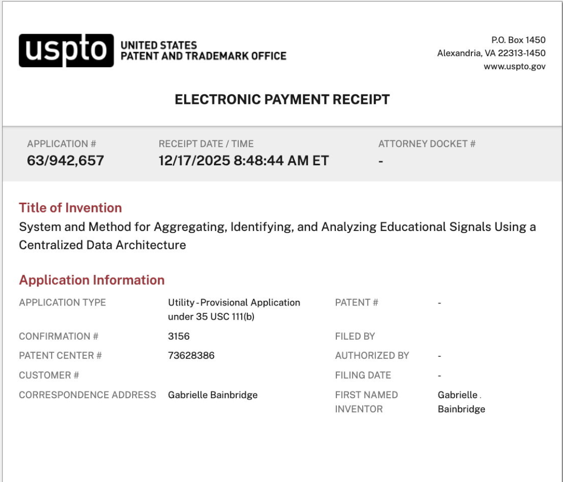 USPTO Electronic Payment Receipt for patent application 63/942,657, filed by Gabrielle Bainbridge on December 17, 2025